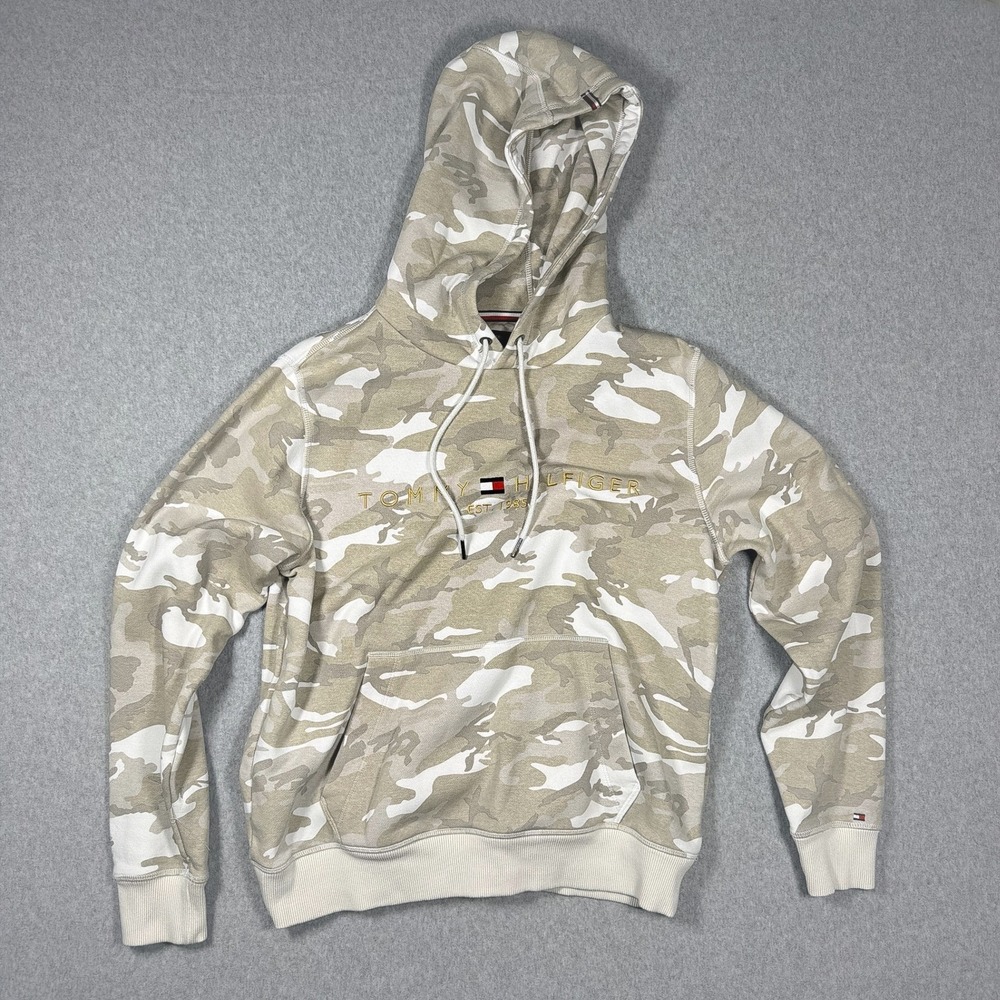 Tommy Hilfiger Mens Camo Pullover Hoodie Tan White Embroidered Logo Medium
